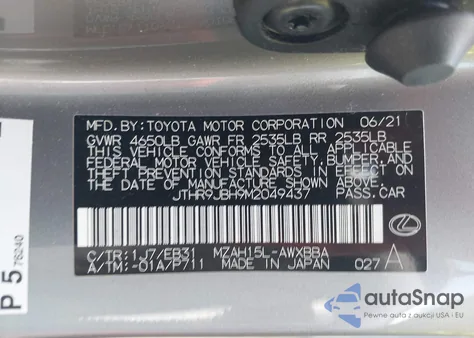 2021 Lexus Ux 250H F Sport z USA, uszkodzony, nr VIN JTHR9JBH9M2049437